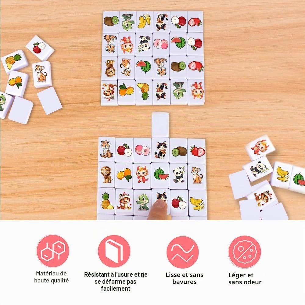 Lot de 65 blocs de jeu Seaside Escape Game - 30 mm - Avec autocollants - Motif fruits et animaux - Mahjong - Pour famille, voyage, réunion de fête