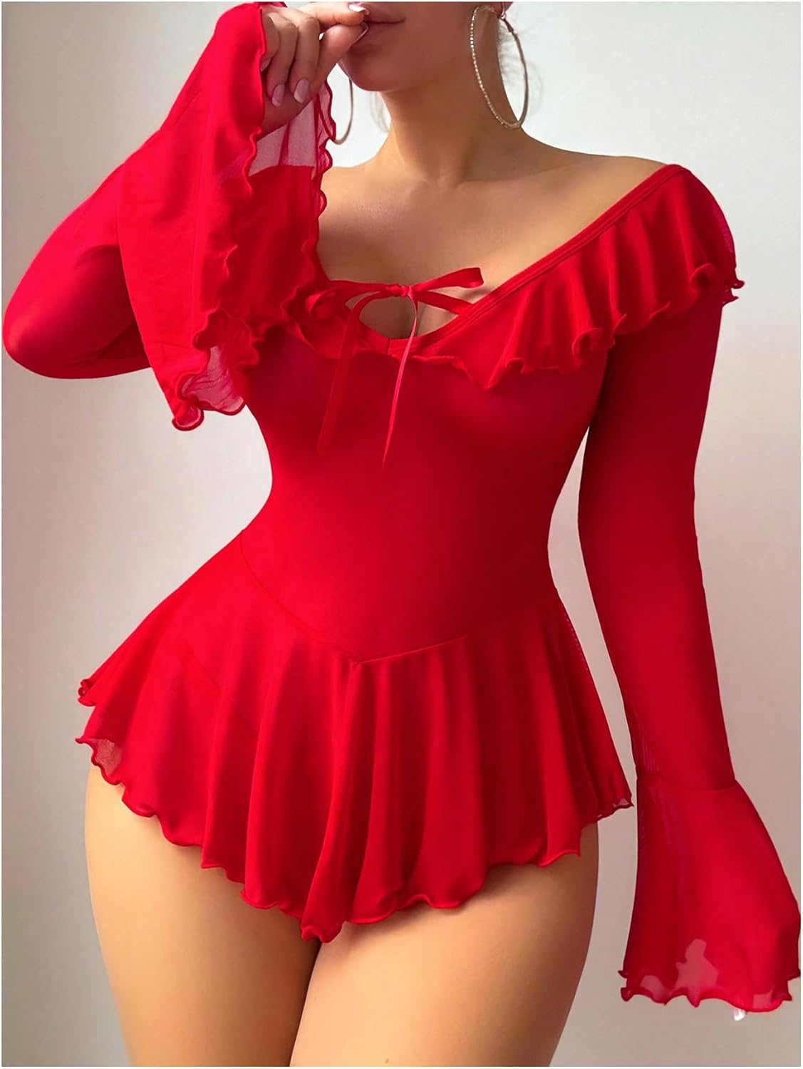 OYOANGLE Women's 2 Piece Off Shoulder Long Sleeve Ruffle Mesh Sheer Nightgowns with Thongs Babydoll Lingerie Set - Image 3