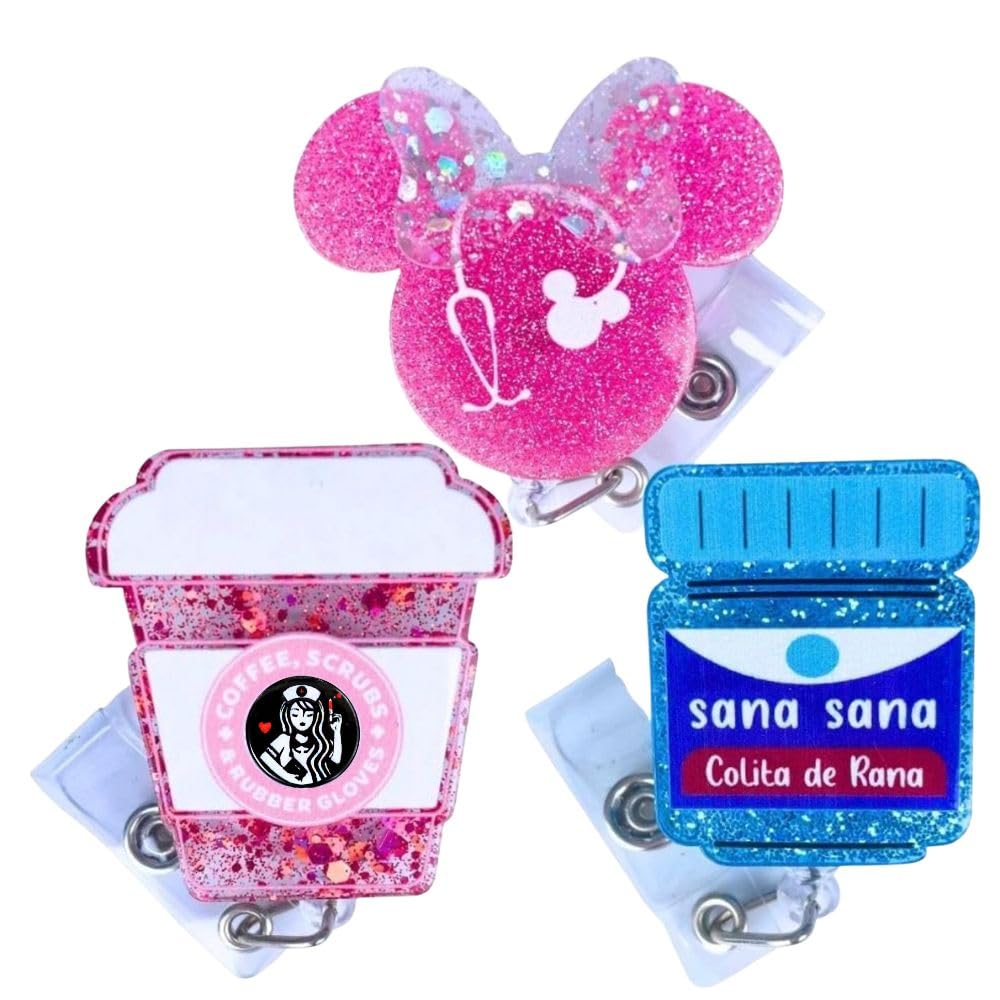 3 PC Nurse Badge Reel Cute Funny Pink Name Tag ID Clip Retractable Holder for Nurses Medical Assistant Accessories Pharmacy Nursing Student RN CNA ER Hospital Work Bulk Gifts Essentials