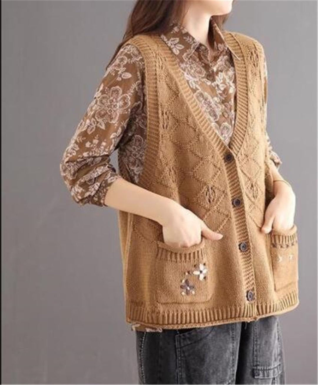 Alloaone Maglione da Donna Gilet con Scollo A V Senza Maniche Maglione Lavorato A Maglia Cardigan con Tasche A Fiori Top Senza Maniche