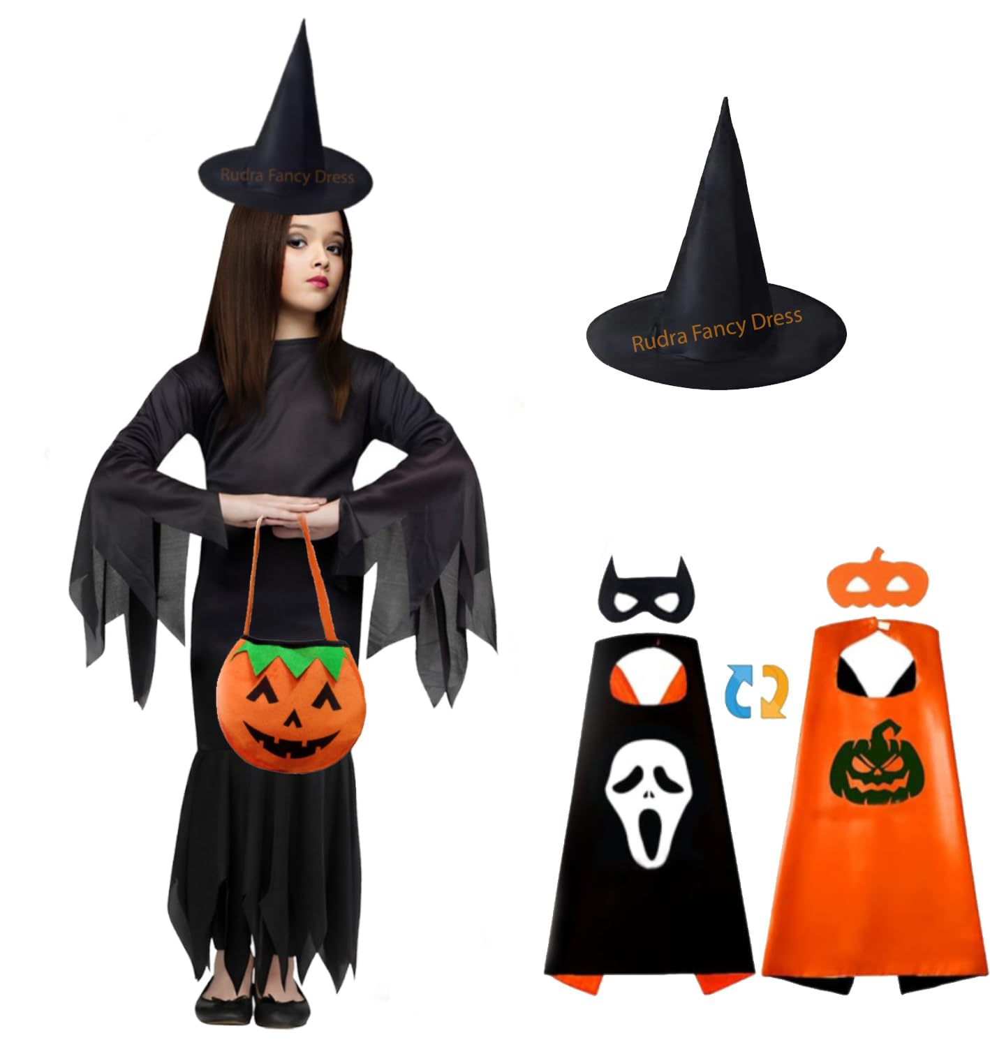 Rudra Fancy Dress Halloween costumes for kids | Halloween dress for girls (6-7 Years, L - Witch(Costume+Hat+Reversible Cape+Pumpkin Bag)) (B0CKFCXDGR) Amazon Price History, Amazon Price Tracker