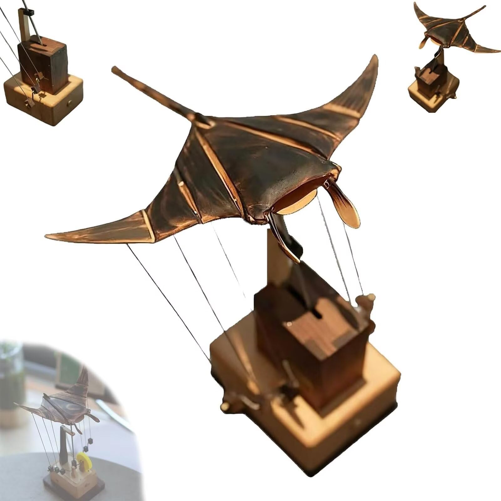 Boseniyu Wood Handcrafted Mechanical Manta Ray Automaton, En Bionic Kinetic Sculpture Bionic Swimming Posture Manta Ray Ornament.