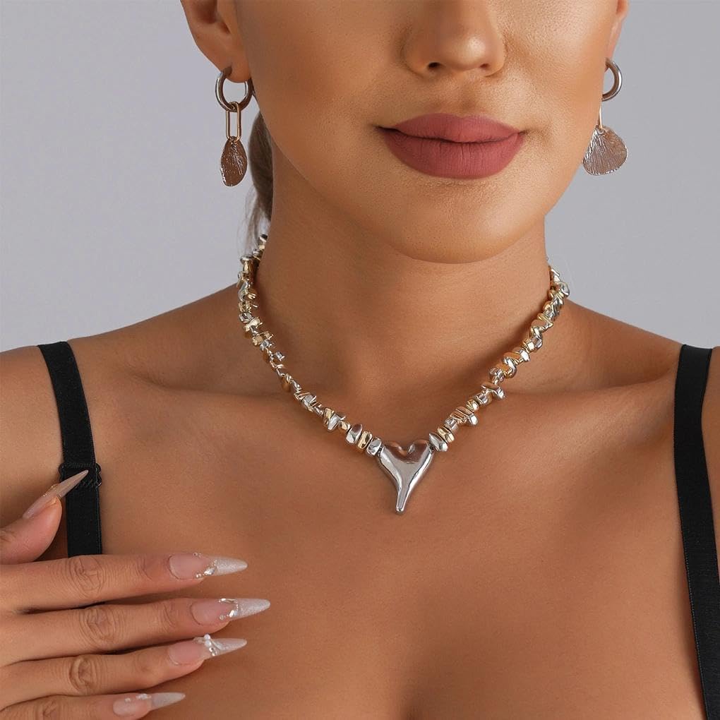 Rrdaily Vintage Silver Heart Shell Necklaces Earrings Set for Women,Punk Irregular Love Beaded Choker Necklace,Personalized Anniversary Jewelry Accessories Gift - Image 2