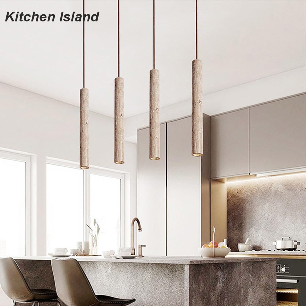 Japanische Gelbe Travertin Pendelleuchte, Lange Cremefarbene Zylinder Stein Hängelampe Kronleuchter Minimalistisch für Nachttisch Wohnzimmer(4000K)