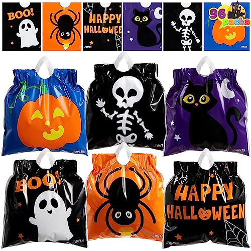 JOYIN 96 Pcs Halloween Drawstring Candy Bags, Small Trick or Treat Goodie Bags Bulk, 6 Designs Halloween Plastic Gift Bag for Kids Trick or Treating, Boys Girls Party Favors Supplies, Classroom Gifts