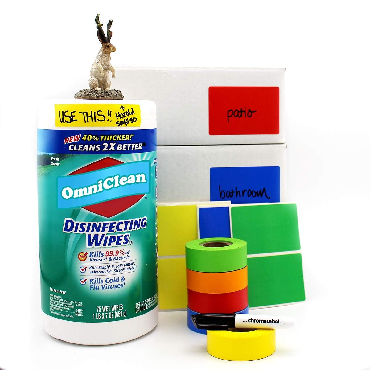 ChromaLabel Moving Labels Kit Color Code Tape & Label Pack, 150 Labels, 5 Rolls of Clean-Remove Tape, Permanent Marker