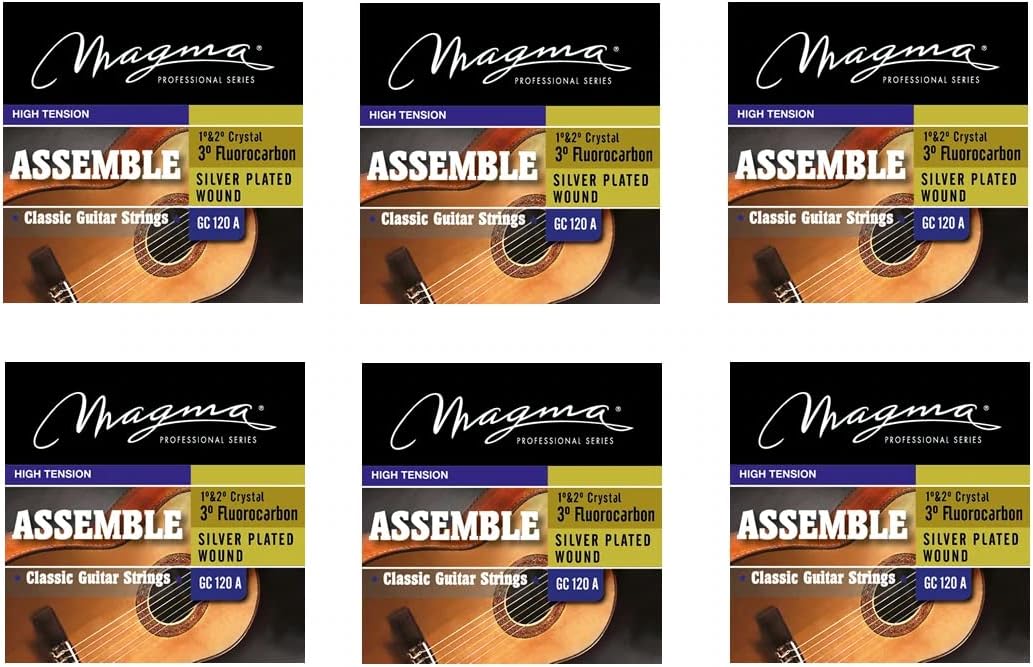 Magma Classical Guitar Strings High Tension Tension - Assemble Classic Acoustic String Set - Crystal Nylon 1° & 2°, Fluorocarbon 3°, and Silver Plated Copper 4°, 5°, and 6° (GC120A) - 12 Sets