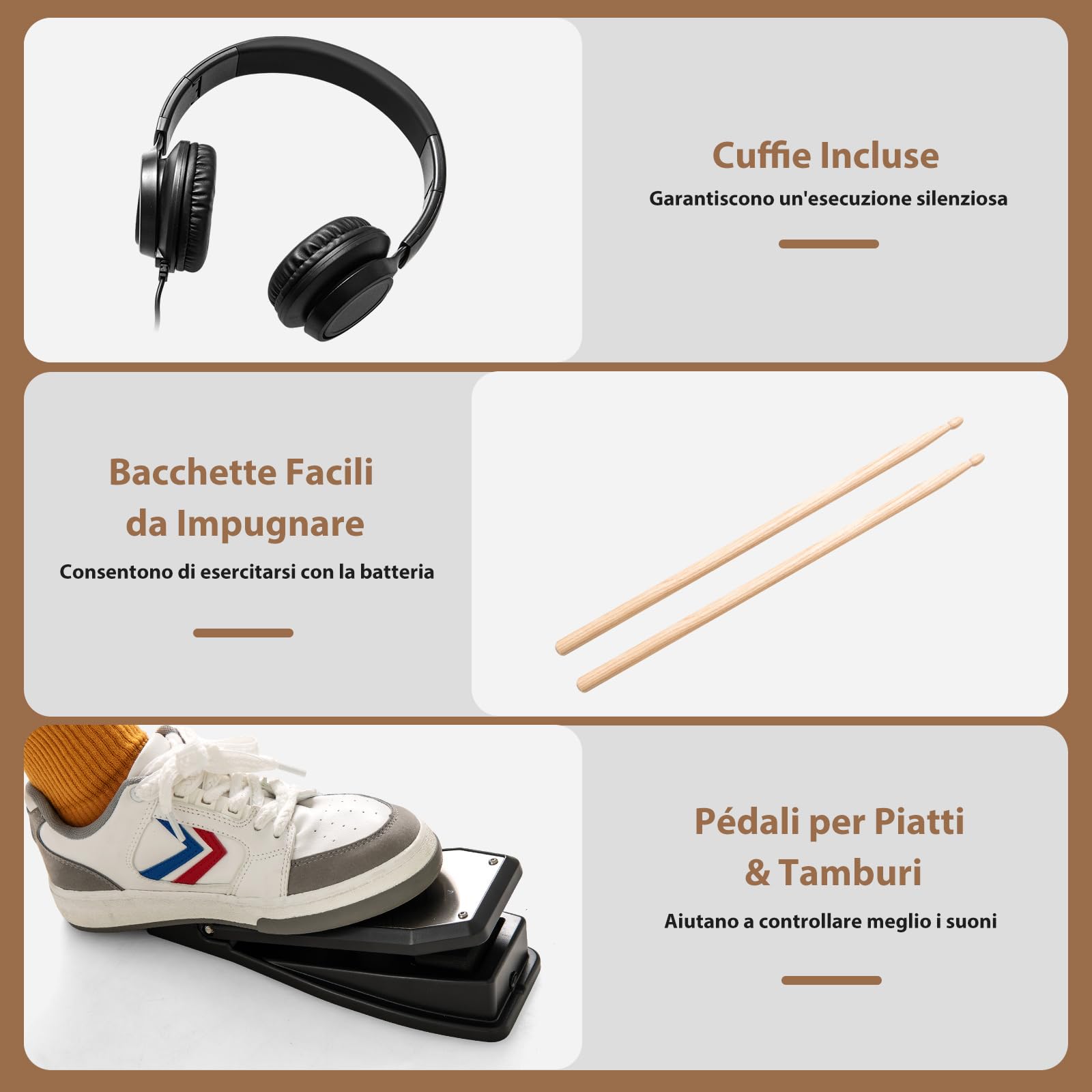COSTWAY Set di Batteria Elettrica a 7 Pezzi, con 4 Pad a Rete, 3 Piatti, 150 Suoni e 10 Demo, Batteria Musicale per Principianti con Supporto Pieghevole, Sgabello Regolabile, Bacchette e Cuffie