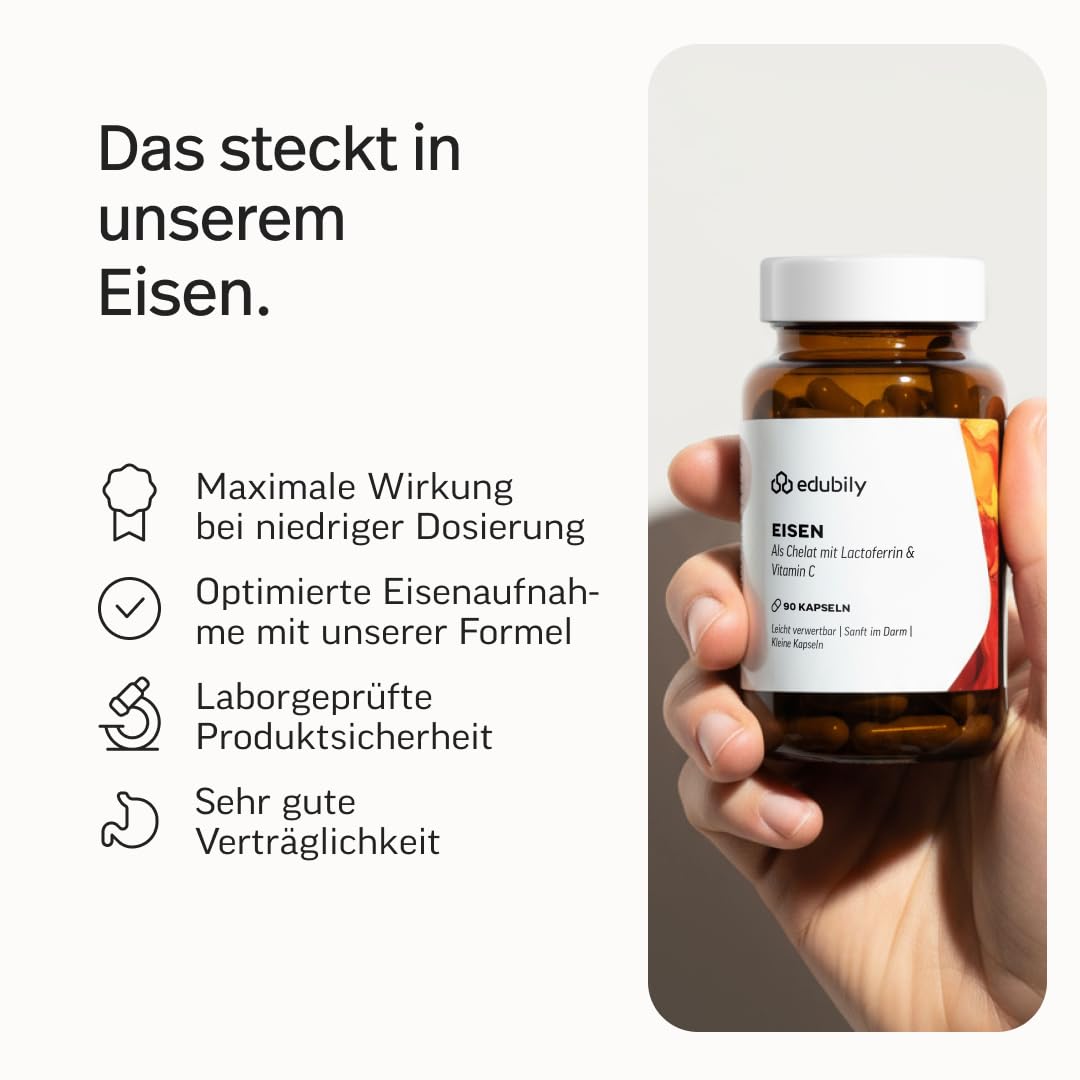 edubily® Eisen mit Lactoferrin - Eisentabletten mit Lactoferrin & Vitamin C aus Acerola-Extrakt - Kleine, leicht zu schluckende Kapseln (90 Kapseln)