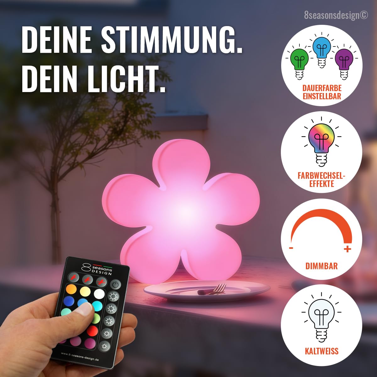 8 seasons design LED Blume 40cm Shining Flower (Weiß) RGB Farbwechsel, dimmbar, mit Fernbedienung – Dekolampe für außen (Garten, Balkon) und innen – Osterdeko, Deko Frühling, Gartenlampe