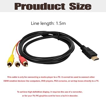 1 Pc Rca to Hdmi Converter , Red White Yellow Rca to Hdmi Cable , Plug-and-Play for DVD Players, Retro Game Consoles and Set-Top Boxes Easy Connect Old Devices to Modern HDMI TVs for Home Entertainmen