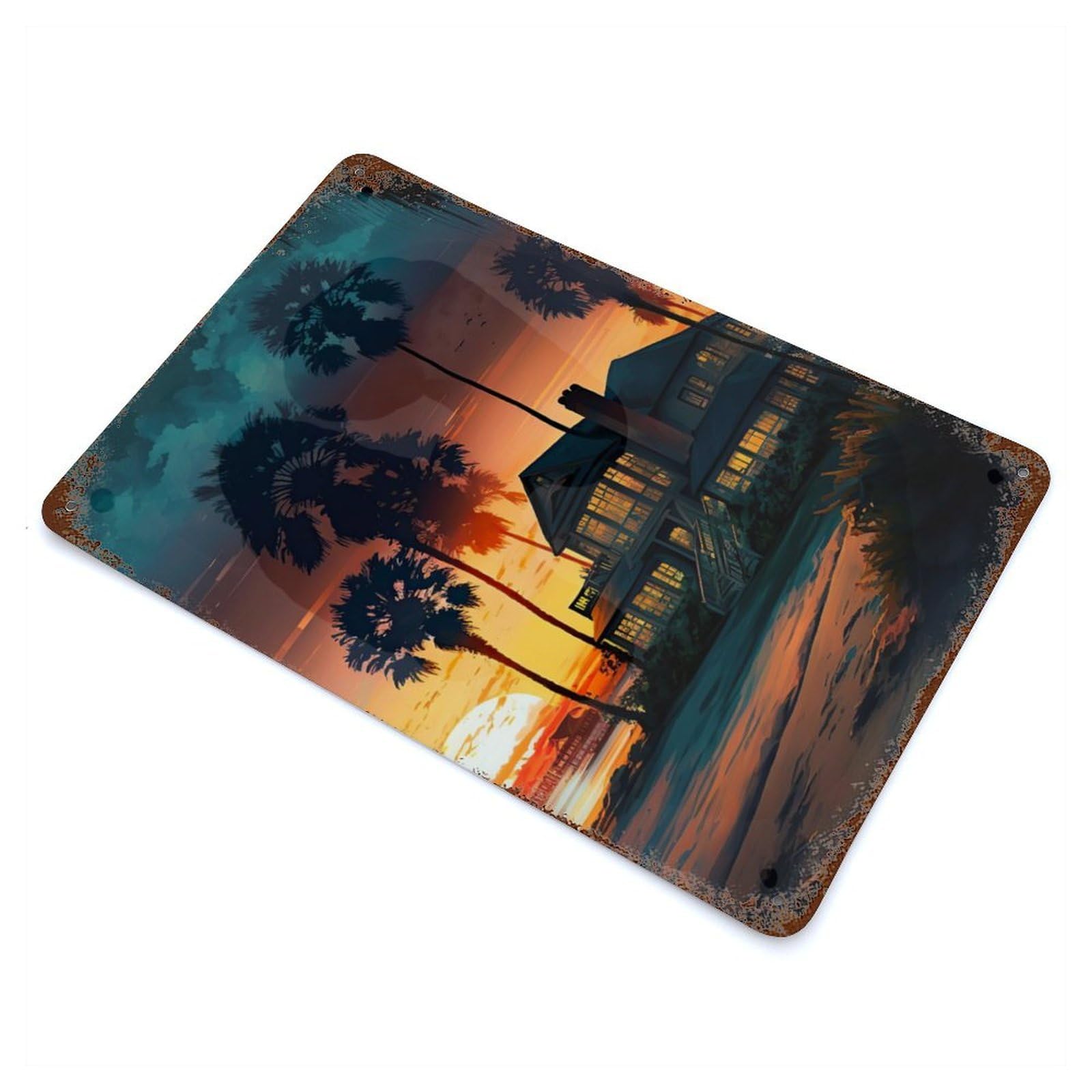 Rust Effect Coastal Village Landscape Aged Metal Wall Plaque 11.8"x7.9", Rustic Home Decor for Bistro, Counter And Cafe Decor