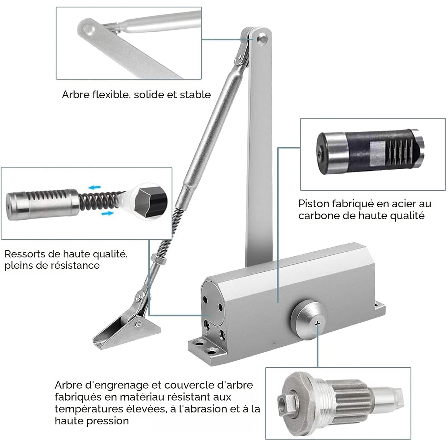 Ferme-porte Hydraulique Commercial Taille 4 - 3 Ressorts - Réglable 6 Vitesses - Installation Facile - Argenté