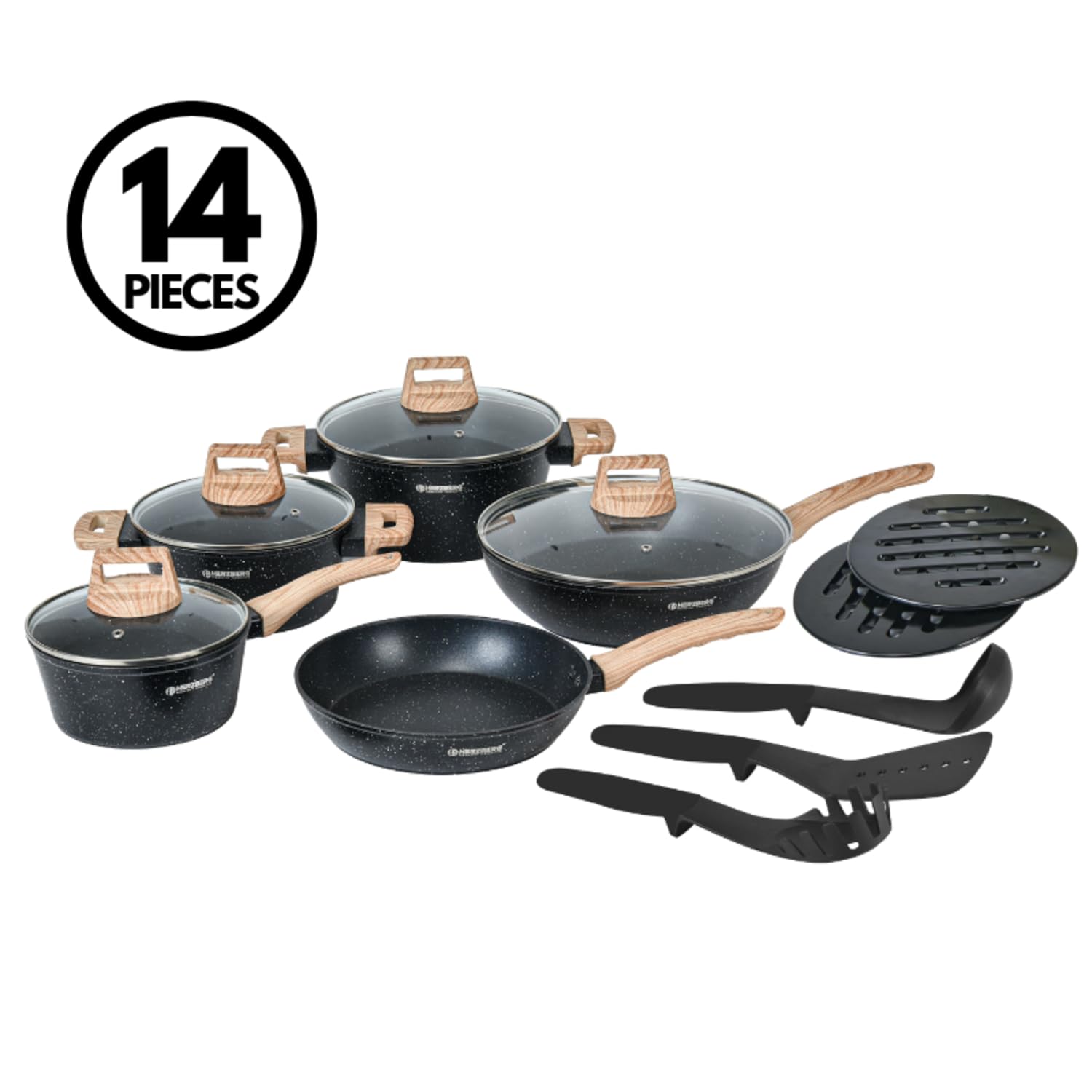 Herzberg - Batería de Cocina 14 Piezas, Revestimiento Granito, Aluminio Forjado, Mangos de Madera, Compatible Inducción, Tapas de Vidrio, Utensilios Incluidos, Negro