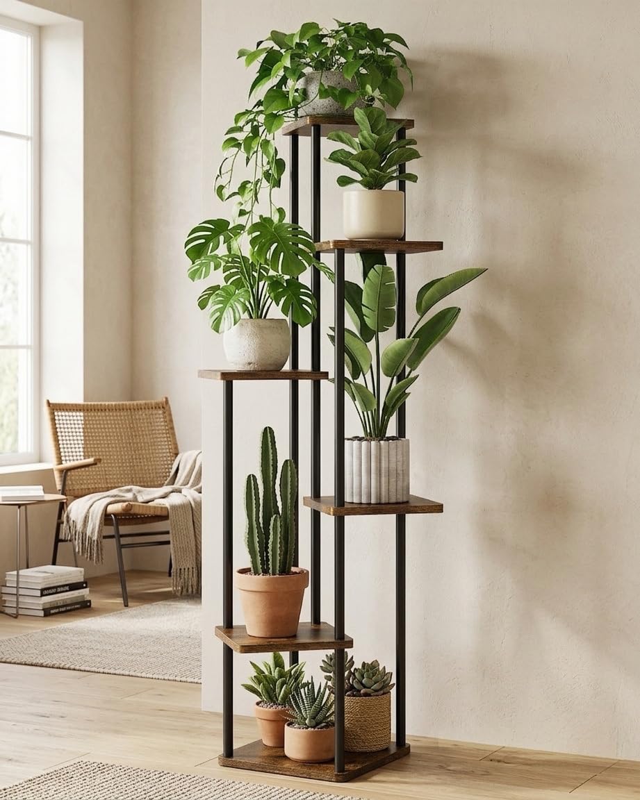 GENTINGBRO Corner Plant Stand Indoor 6 Tiered Tall Plant Stand Plant Shelf for Multiple Plants Coner Shelf Wood Plant Stands Metal Shelving for Living