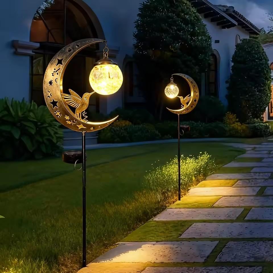 Hummingbird Moon Solar Garden Stake Light with Crackle Glass Globe