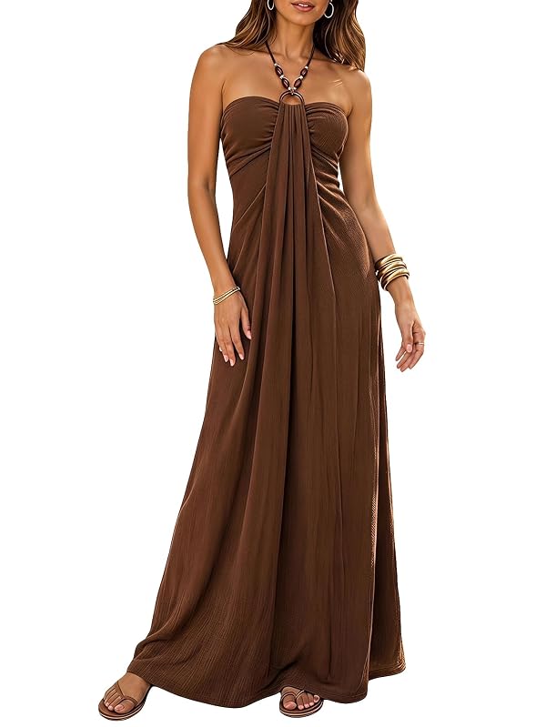 BEAUDRM Women's Y2k Beaded Halter Maxi Dress Sleeveless Tie Backless A Line Summer Vacation Sundress Coffee Brown Medium by BEAUDRM - Used condition - US$30.00