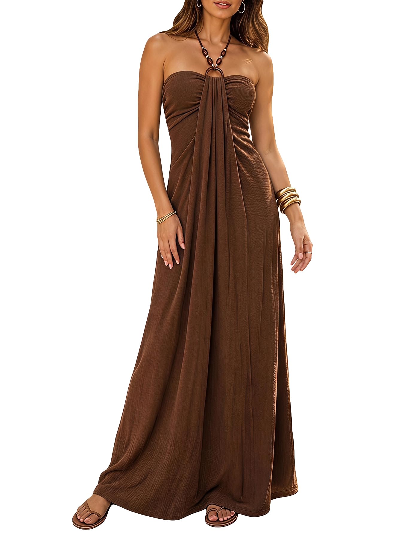 Women's Y2k Beaded Halter Maxi Dress Sleeveless Tie Backless A Line Summer Vacation Sundress