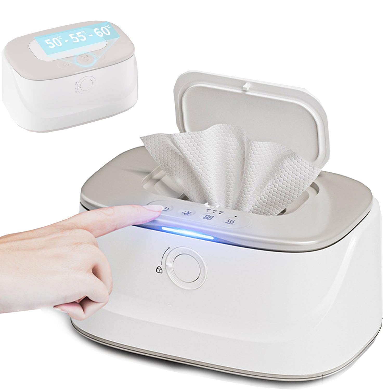 Chauffe-lingettes pour bébé avec lumière LED et 3 températures réglables, chauffe-lingettes portable pour garder les lingettes chaudes et humides