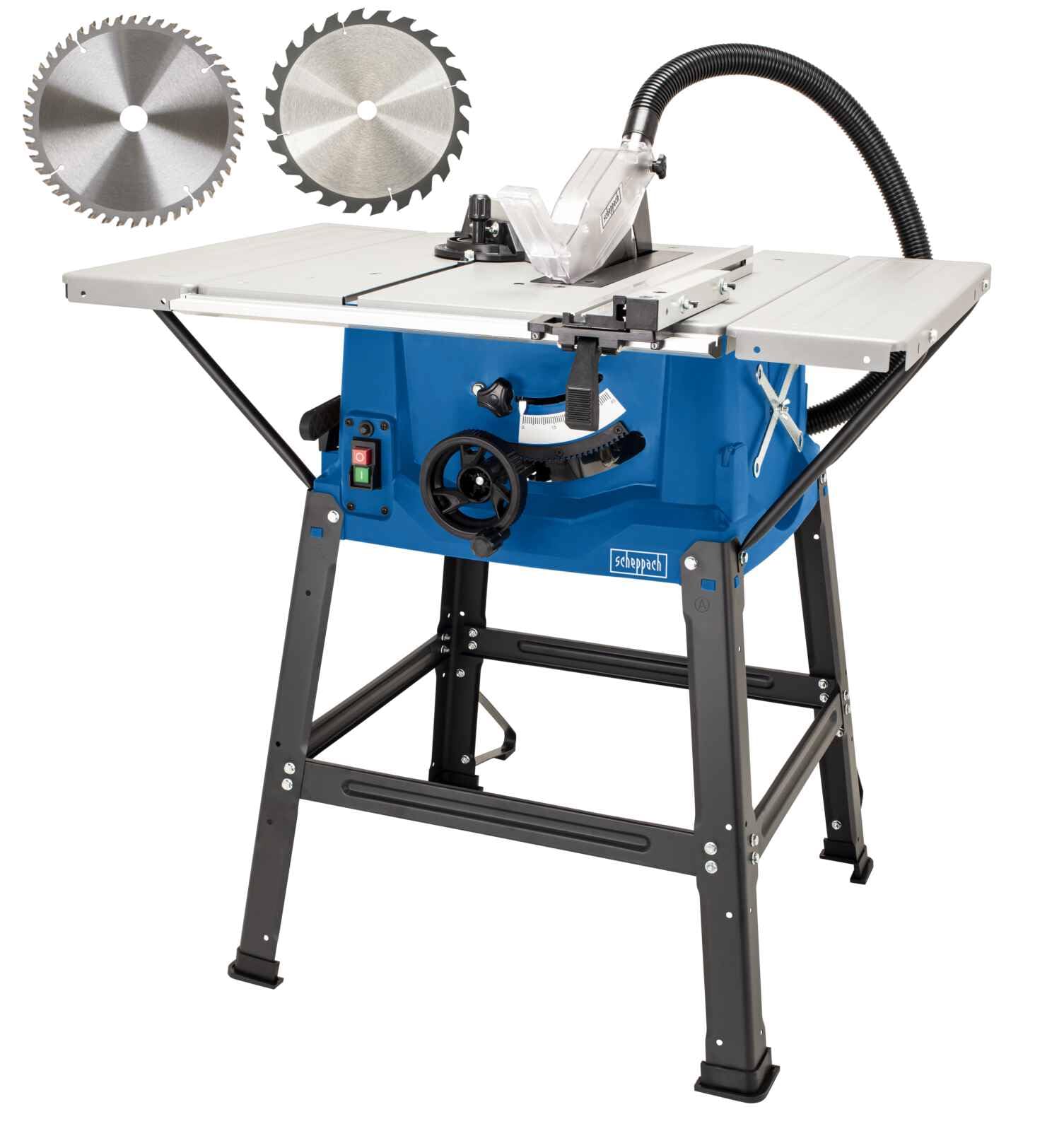Sega circolare da banco Scheppach HS100S | 230V – 2000W | Altezza di taglio 85mm | Inclusi ampliamenti del tavolo e supporto | Dimensioni del tavolo con ampliamento 642x940mm | Inclusa seconda lama