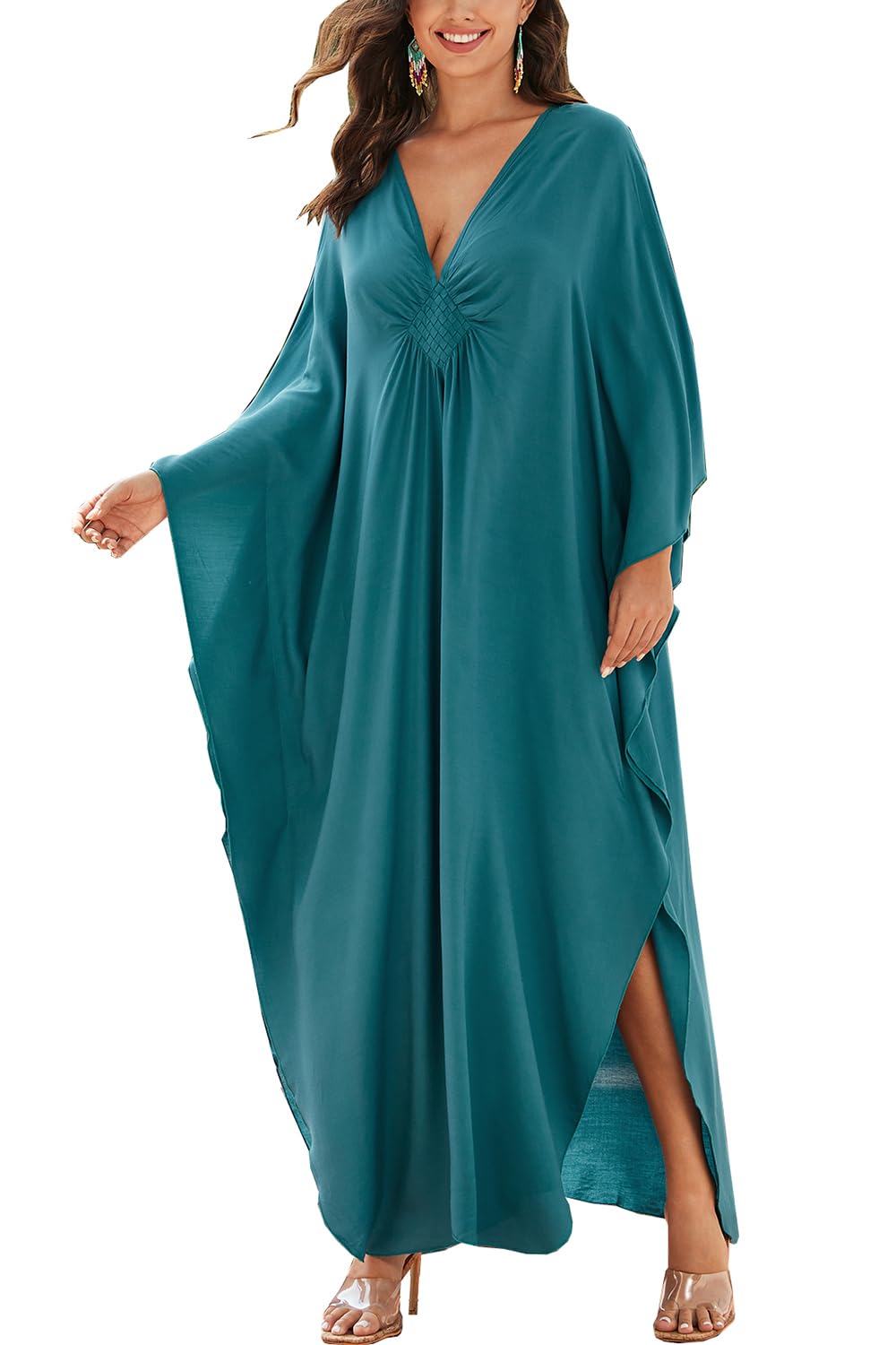 Abito caftano bohémien da donna, tinta unita, copricostume da spiaggia, taglie forti, taglia unica