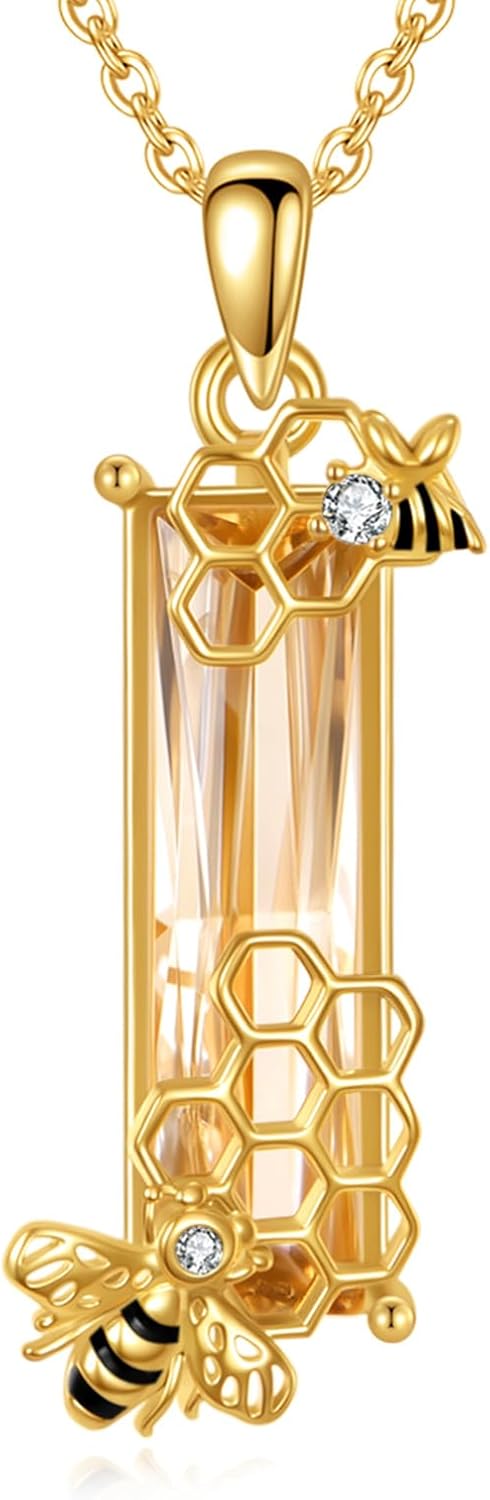 Bee Necklace for Women 925 Sterling Silver Honey Bee Pendant Necklace Cubic Zirconia Necklaces Cute Animal Jewelry Gifts for Her Wife Women