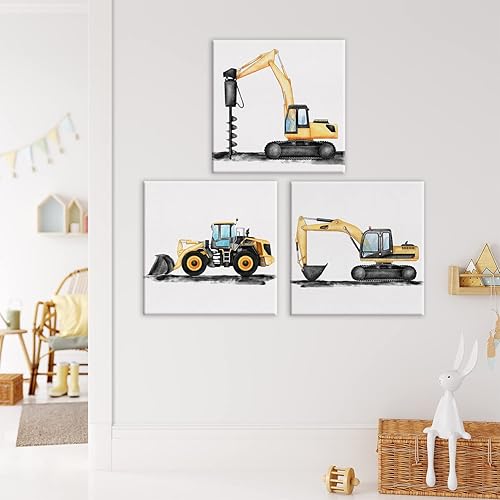 Miniatura 3 de Juego de 3 pinturas en lienzo enmarcadas para decoración de pared, diseño de camión de camión volquete, vehículo de construcción, póster para el