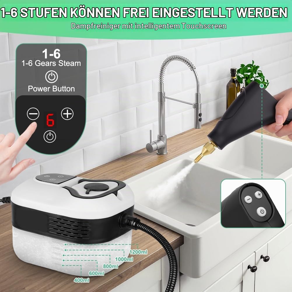Vicloon Dampfreiniger, 2500W 6-Stufig Einstellbar, 1.2L Wassertank, 15 Sekunden Aufheizzeit, Dampfreiniger für Alles, Tragbarer Steamer, Handdampfreiniger für Autos, Haushalt, Küche, Fenstern,Boden
