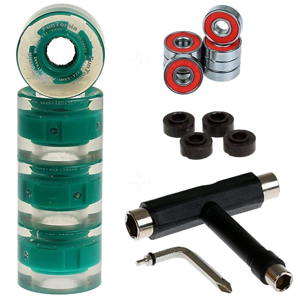 FunTomia 4 Pezzi LED Longboard/Skateboard/Miniboard Ruote (Big Wheels) 59x45 mm 82A incl. Mach1 Cuscinetti a Sfera, Magnete Spacer e T-Tool