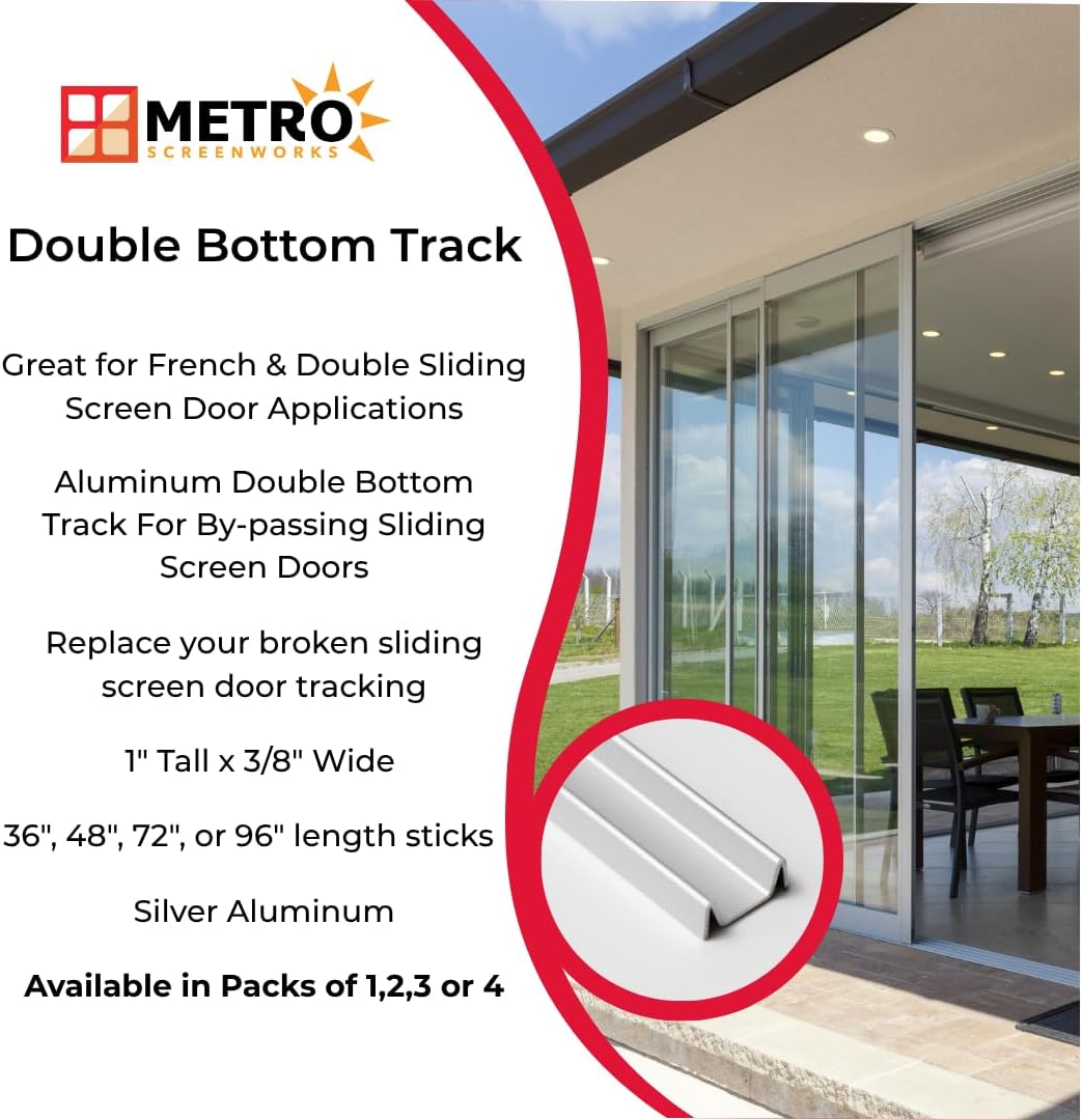 Deluxe Double Sliding Door Bottom Track for French Doors - Easy Assembly Hardware for DIY & Replacement - Heavy Duty Silver Aluminum Track Satin Finish - 1” Wide 3/8” Tall - 96 in, 4 Pieces