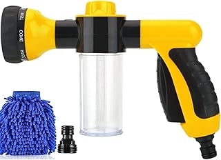 Garden Hose Nozzle, High Pressure Foam Sprayer 8 Spray Patterns with 3.5oz/100cc Soap Dispenser and Washing Mitt, Water Hose Soap Nozzle Sprayer for Watering Plants, Car Wash, Pet Showering Yellow