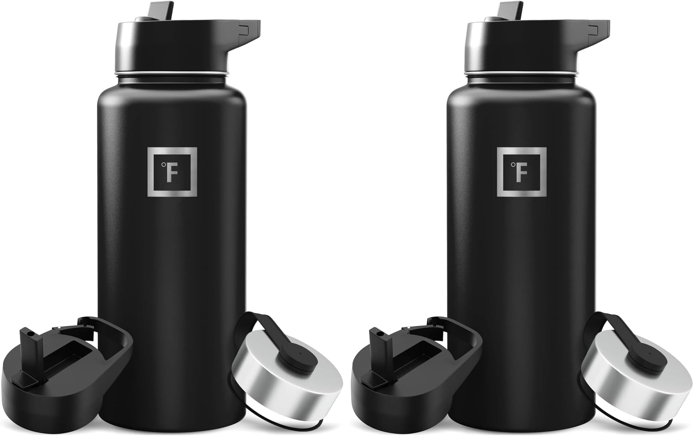 IRON °FLASK Camping & Hiking Hydration Flask with Straw, Wide Mouth Insulated Stainless Steel Sports Water Bottle - 32 oz Midnight Black (Pack of 2)