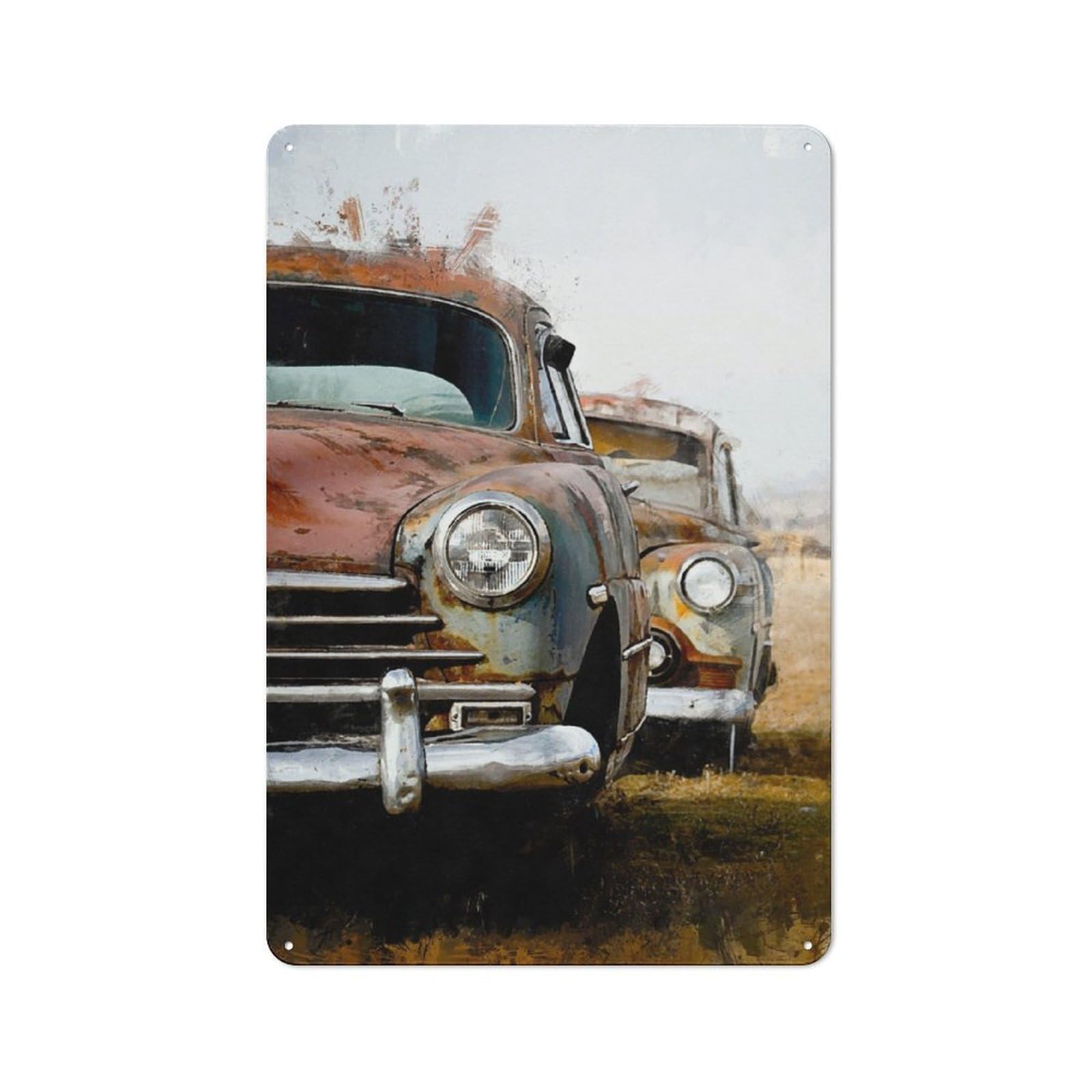 Junmoney Vintage Car In The Field Decorative Metal Plaque 30X20cm, Modern Retro Urban Room Decor For Workspace, Cafe, Hallway Or Garage