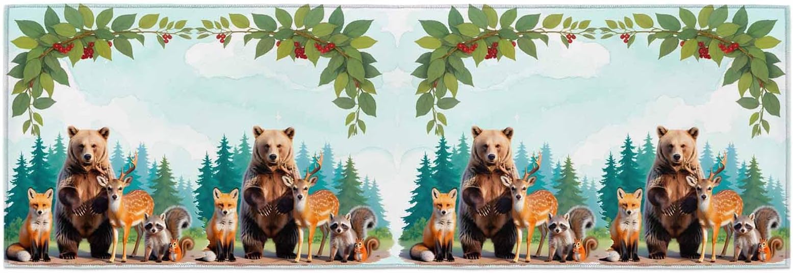 Kitchen Mats for Floor Forest Bear Deer Fox Squirrel Washable Non Slip Kitchen Rugs 2PCS, Farmhouse Tree Berry Leaf Absorbent Standing Mats for Sink Bathroom Office Living Room 15.7x47.2in