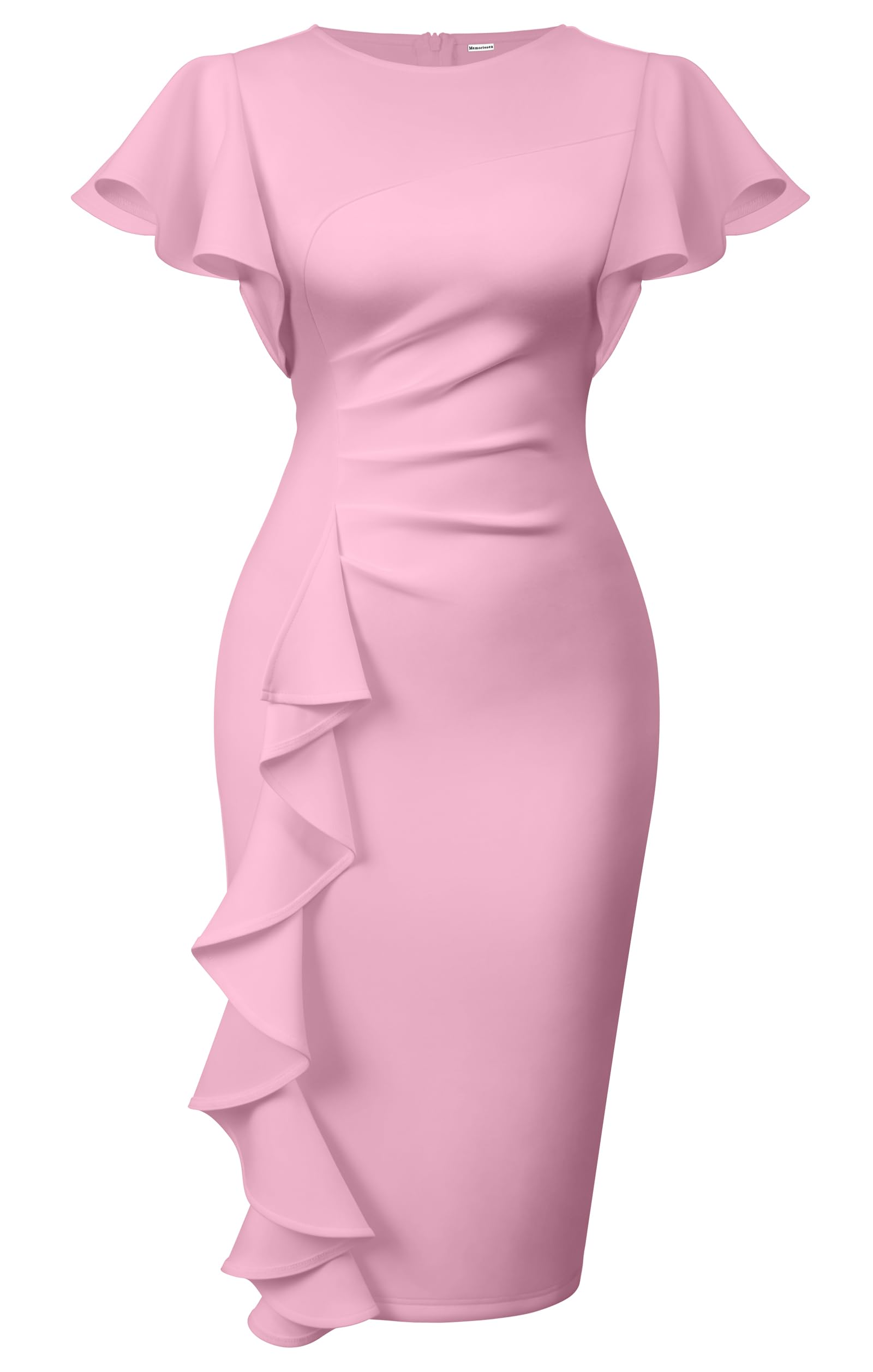 Memoriesea Women's Vintage Church Ruffle Sleeve Ruched Bodycon Work Midi Pencil Dress
