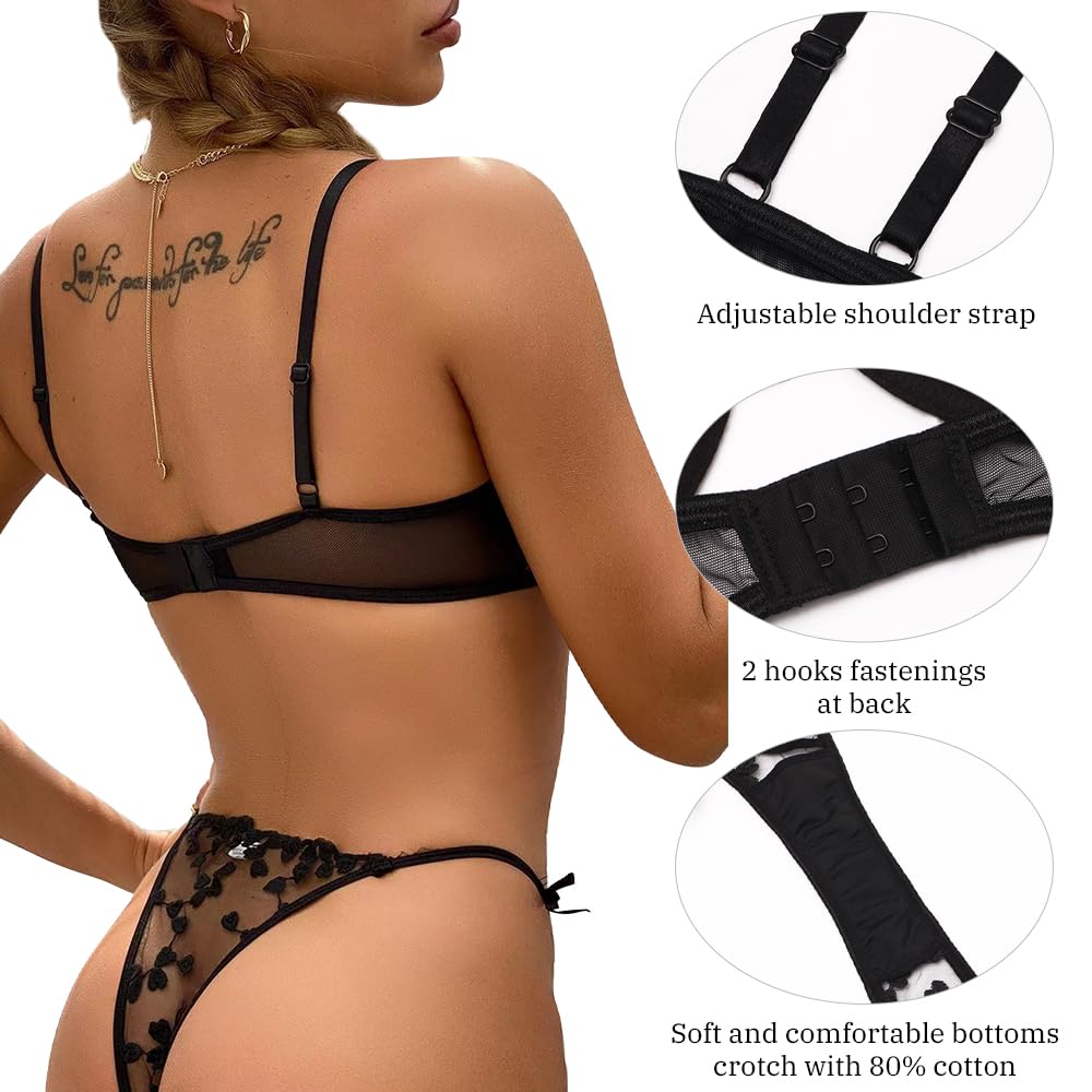 Conjunto de lencería Sexy de 2 Piezas para Mujer con Bordado Floral de corazón, Sujetador con Aros de Media Copa y Tanga, Sujetador Transparente de Malla para Mujer, Tanga a Juego, Bragas, Conjuntos