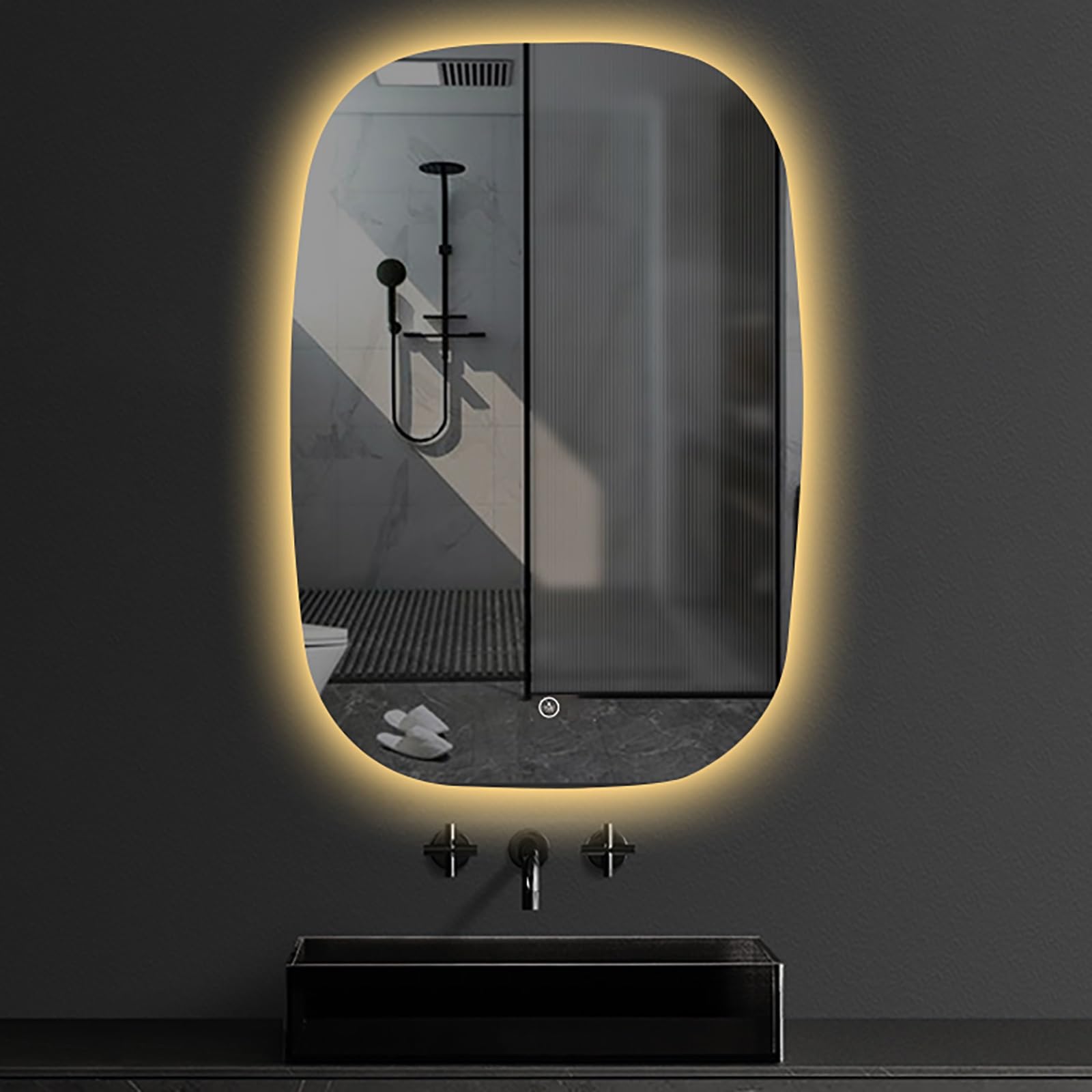 FGXHHS Irregular Frameless LED Wall Mirror - 60x80cm/23.6x31.5in HD Glass Vanity with 3 Color Dimmable Lighting & Single Touch Control, Wall-Mounted Decor for Bathroom Bedroom