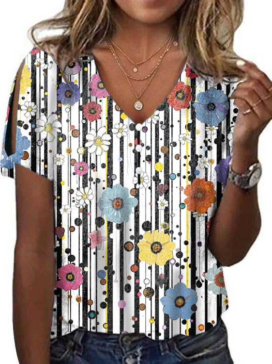 HOTYD Women's Boho Floral Print Ladies Short Sleeve Tops Summer Blouses Dressy Casual V Neck Cold Shoulder Tunic Tops