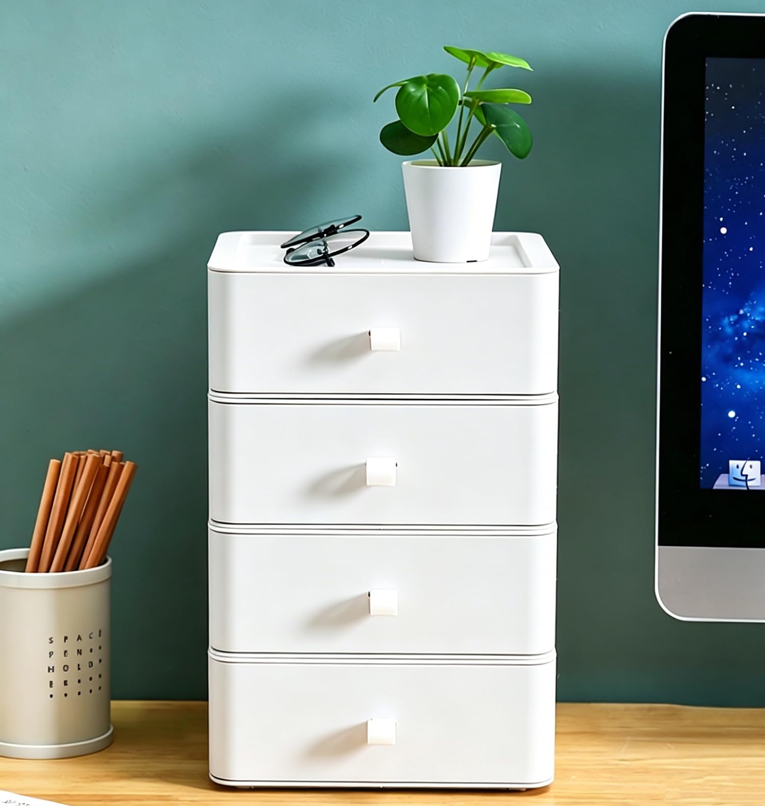 HornTide Organizer da scrivania impilabile con cassetto, confezione da 3 scatole portaoggetti in plastica, organizer modulare salvaspazio per forniture per ufficio, cosmetici, trucchi, cancelleria
