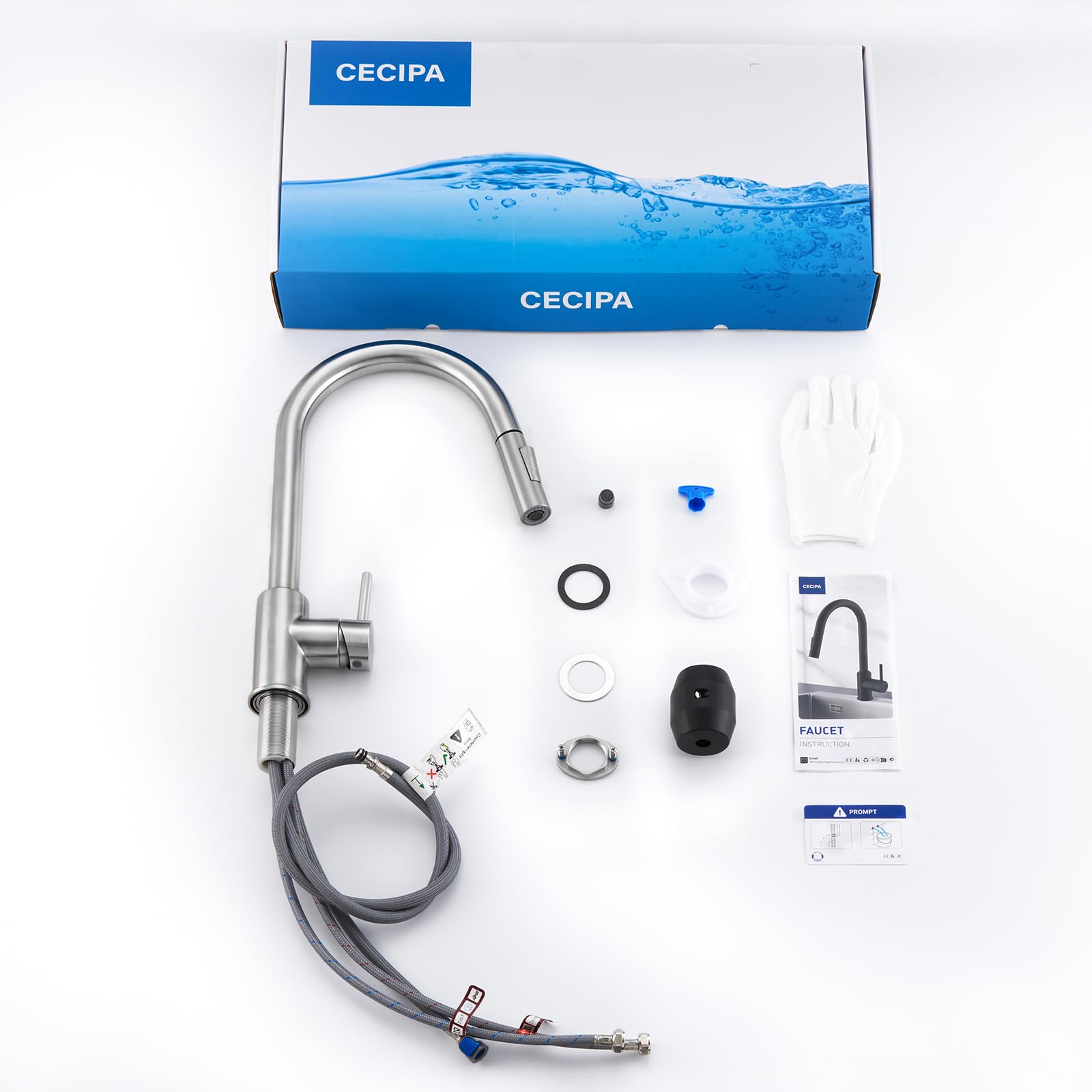 CECIPA Rubinetto Lavello Cucina, Miscelatore Cucina con Doccetta Estraibile 2 Modalità Acqua, Rubinetto Acciaio Inox Girevole a 360°, Risparmio Idrico, Spazzolata