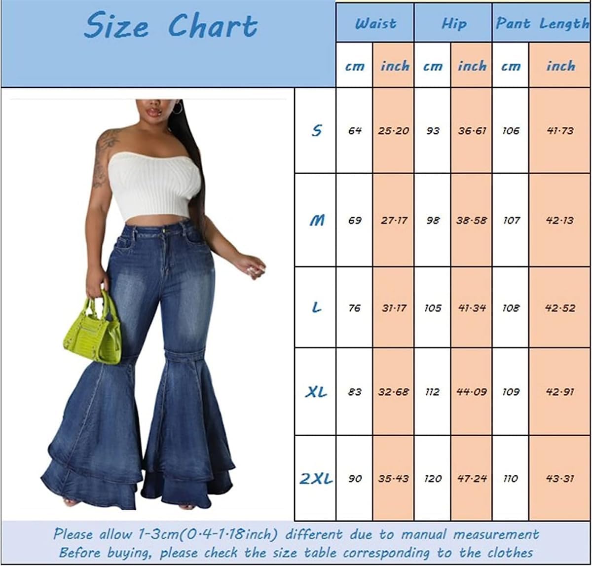 Cute Bell Bottom Jeans for Women High Waist Flare Jeans Patchwork Pleated Layered Ruffle Hem Wide Leg Denim Long Pants - Image 6