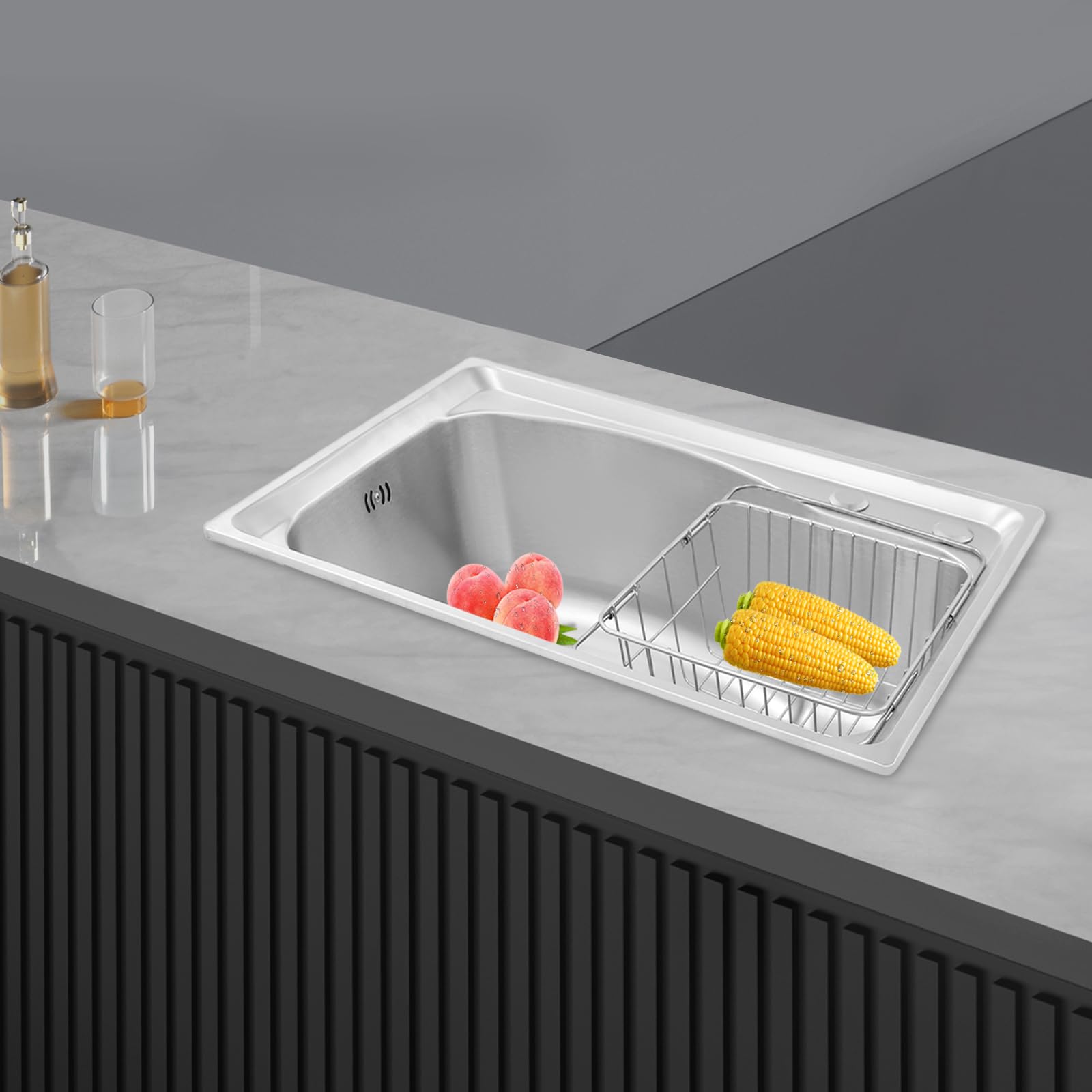 Fregadero Inox Cocina Empotrable Gran Capacidad, Fregadero Rectangular Moderno Plata, Demasiado Completo, Escurredor, Bajo Plano o Empotrado, Accesorios Incluidos, Fácil de Instalar 65x44x20cm