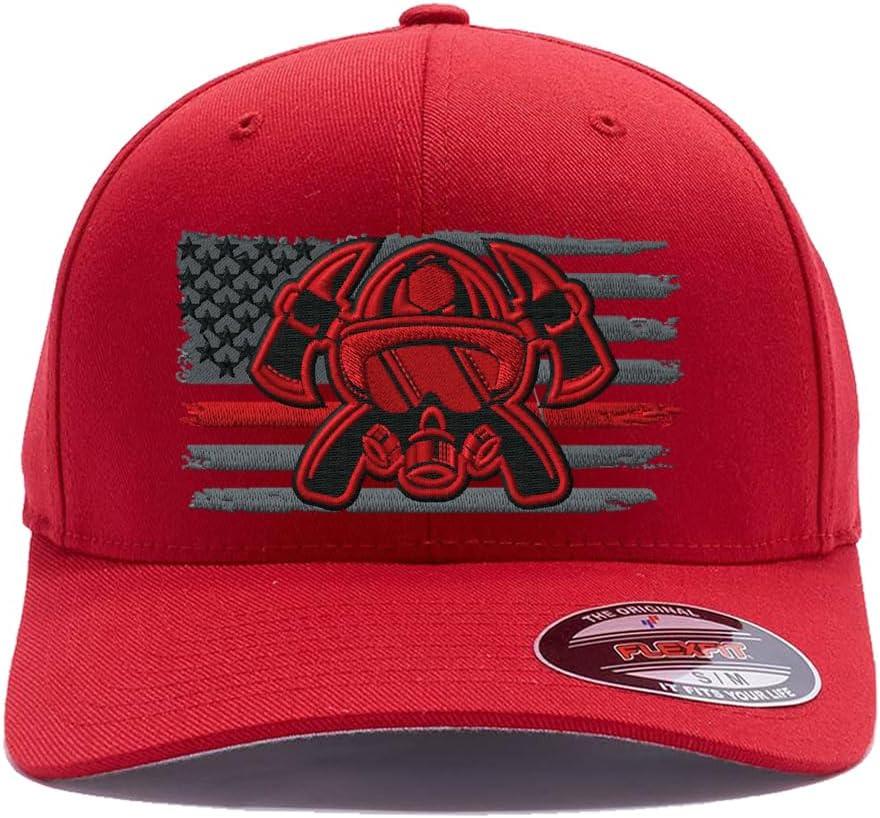Custom Embroidered Thin Red Line and Firefighter Flag. 6477 and 6277 Flex Fitted Baseball Cap Wooly Combed Twill Cap