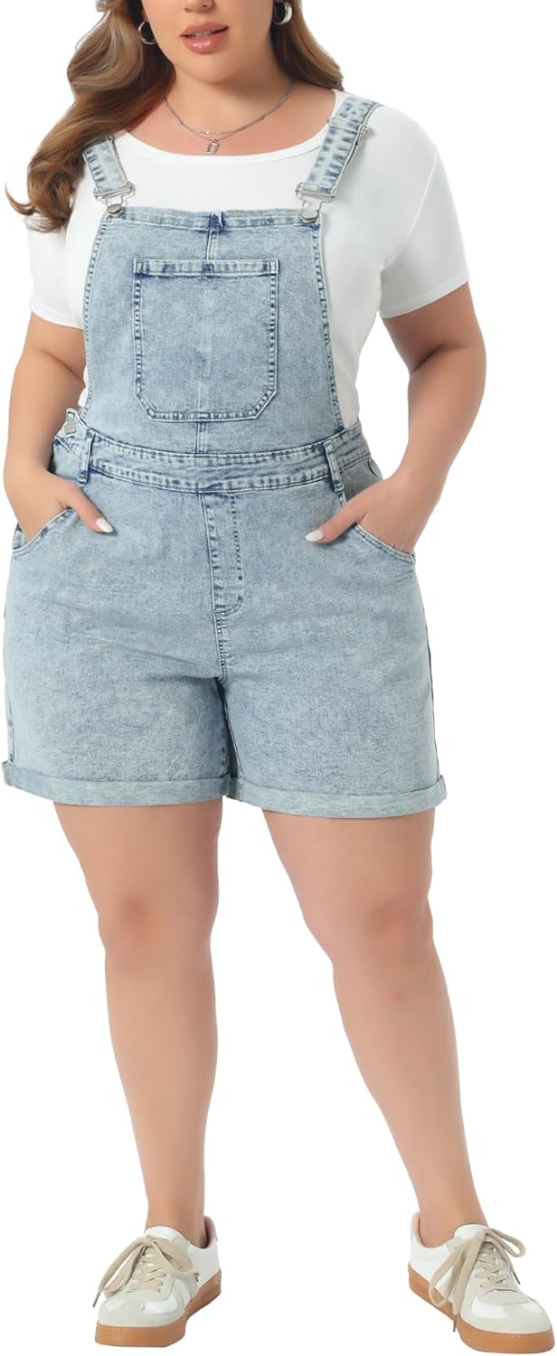 Agnes Orinda Plus Size Overall Shorts for Women Jumpsuit Roll Hem Pocket Jean Denim Overalls