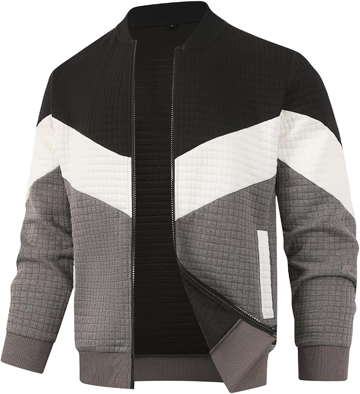 HOOD CREW Men's Zippered Cardigan Jacket Casual Stand Collar Varsity Coat Lightweight Bomber Jackets
