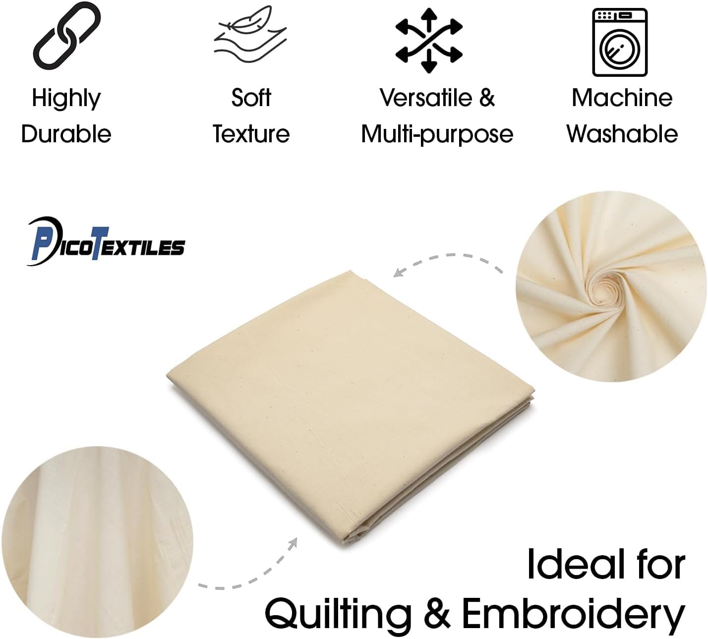 Pico Textiles 2 Yards Bolt - 100% Cotton Natural Muslin Fabric - Unbleached - Sold by The Bolt - Ideal for Quilting, Embroidery, Backdops, Drapes, Apparel, Aprons, and Sheets
