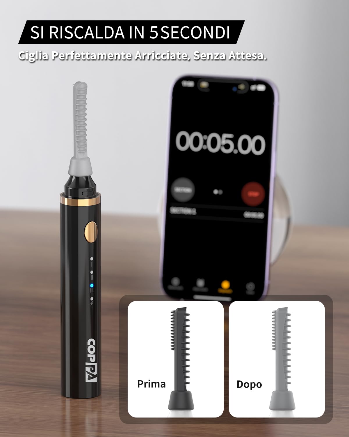 COPPA Piegaciglia Riscaldato, LP-1 Lipstick Type Piegaciglia Elettrico 3-in-1 con 3 Testine e 3 Modalità di Curling & 3 Temperature - Riscaldamento Rapido in 5s per Neofiti e Make-up Artist, Nero