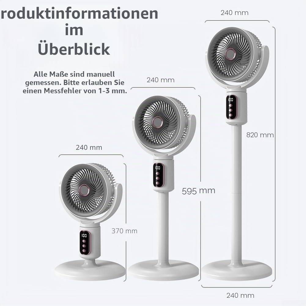 USB wiederaufladbarer Bodenventilator, leiser bürstenloser Motor-Luftzirkulator, mit Fernbedienung, 180° Oszillation, kabelloser Standventilator, für Schlafzimmer, Wohnzimmer, Büro, weiß