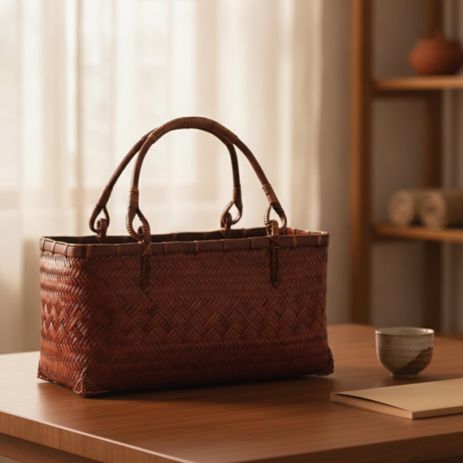 Cestino in Bambù Intrecciato Borsa Cestino Porta Accessori Contenitore Organizer con Manico Struttura Aperta Interno Foderato in Bambù Adatto a, style to 3