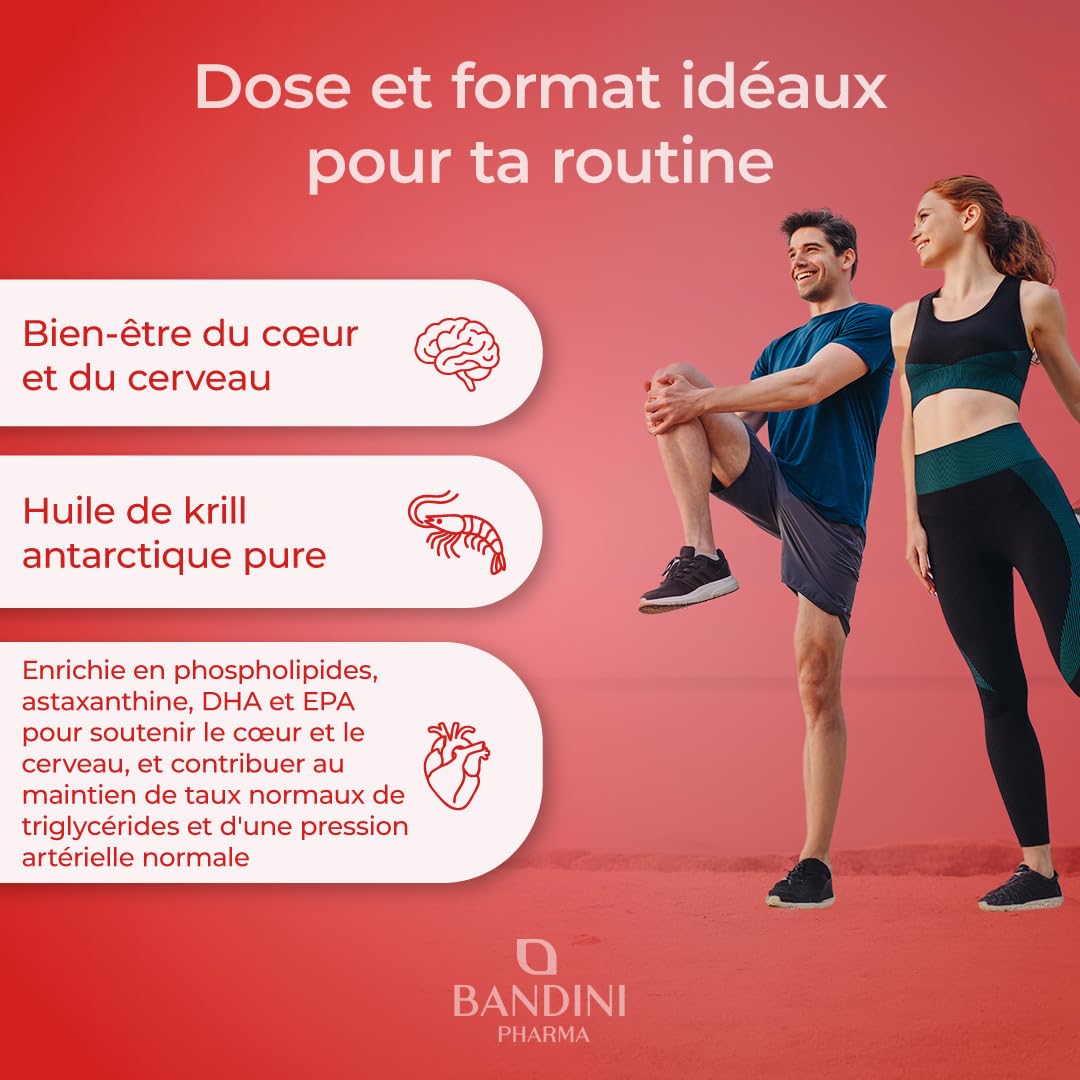 Bandini® Huile de Krill Pure d' Antarctique 3000mg Oméga 3 | 465 mg DHA et EPA, 1200 mg Phospholipides Marins, Source de Astaxanthine, Acides Gras Essentiels Omega-3 | Idéal pour le coeur - 90 gélules